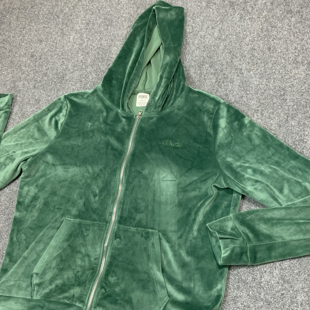 PINK Victoria's Secret Hoodie Womens L Green Velour Full Zip Script Logo Soft